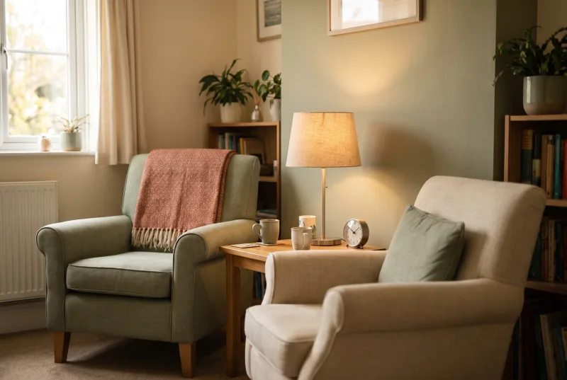 A welcoming counselling room with two armchairs, warm lamplight and a clock on the side table