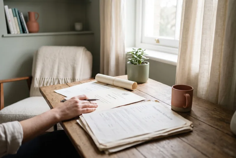 A counselling diploma and an insurance schedule laid on a desk, checked by hand before a listing goes live