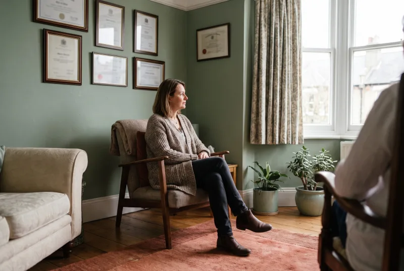 A counsellor sits in her practice room, framed qualifications on the wall behind her